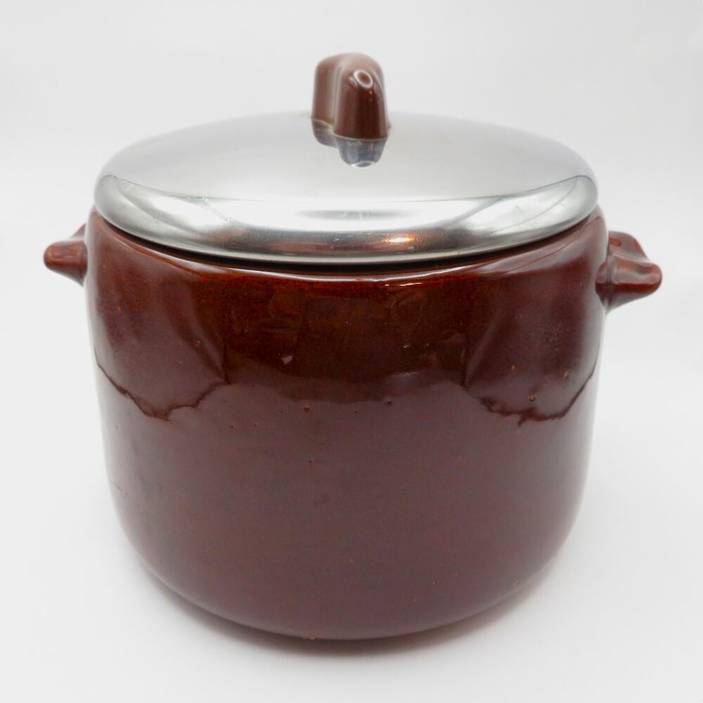 Vintage West Bend Bean Pot Brown Stoneware Crock Metal Lid Bakelite Style Knob